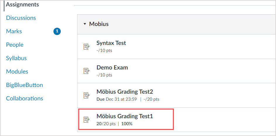 In the Canvas LMS, the Mobius Grading assessment link is highlighted.